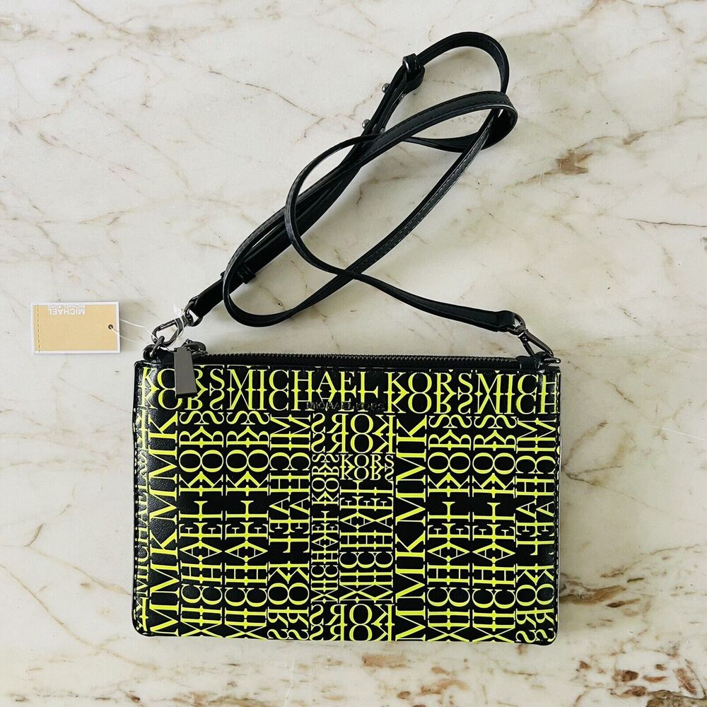 MICHAEL KORS Black Neon Yellow Leather Double Pouch Crossbody Bag